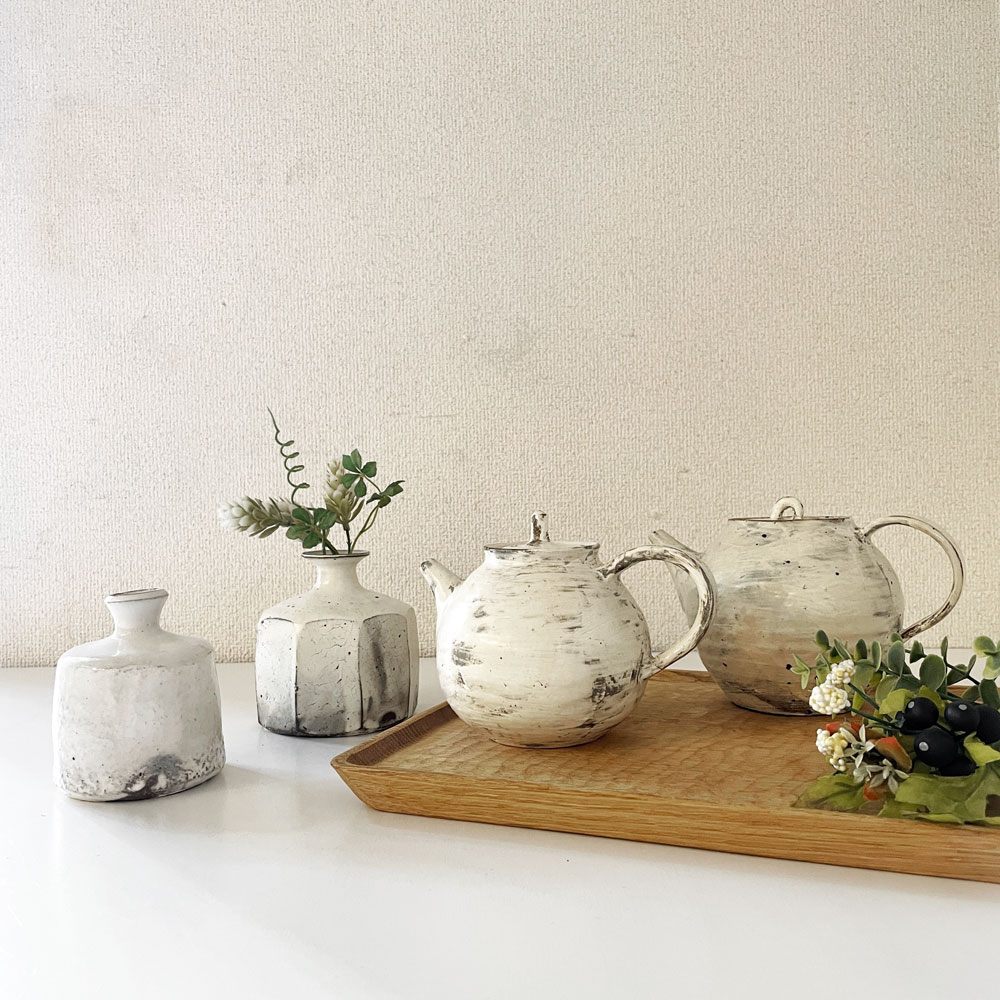 花岡隆 Yutaka Hanaoka 粉引ポット 急須 W17.5cm 花窯 現代作家 B ◎