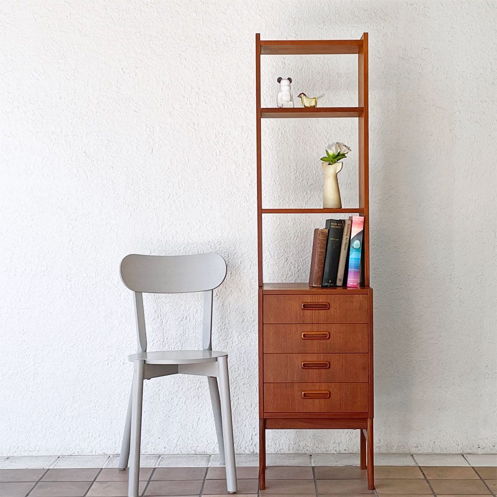 スウェーデン ビンテージ Swedish Vintage チーク材 スリム キャビネット オープンシェルフ+4ドロワー セパレート W40×H160cm ミッドセンチュリーモダン 北欧家具 ◇