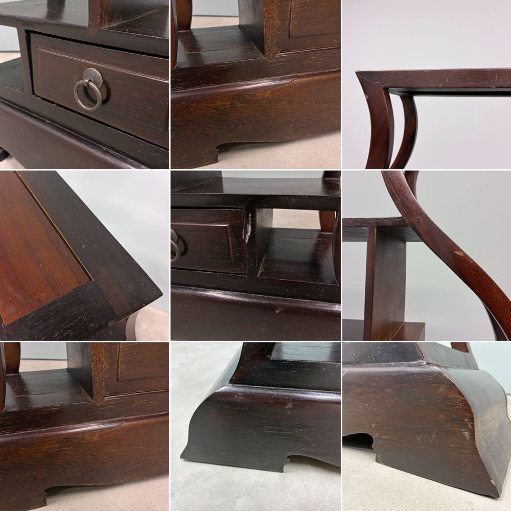 ベトナム家具 壺型 飾り棚 抽斗1杯 違い棚 ディスプレイシェルフ アジアン家具 オリエンタル 天然木 ハンドメイド インテリア収納 ◎