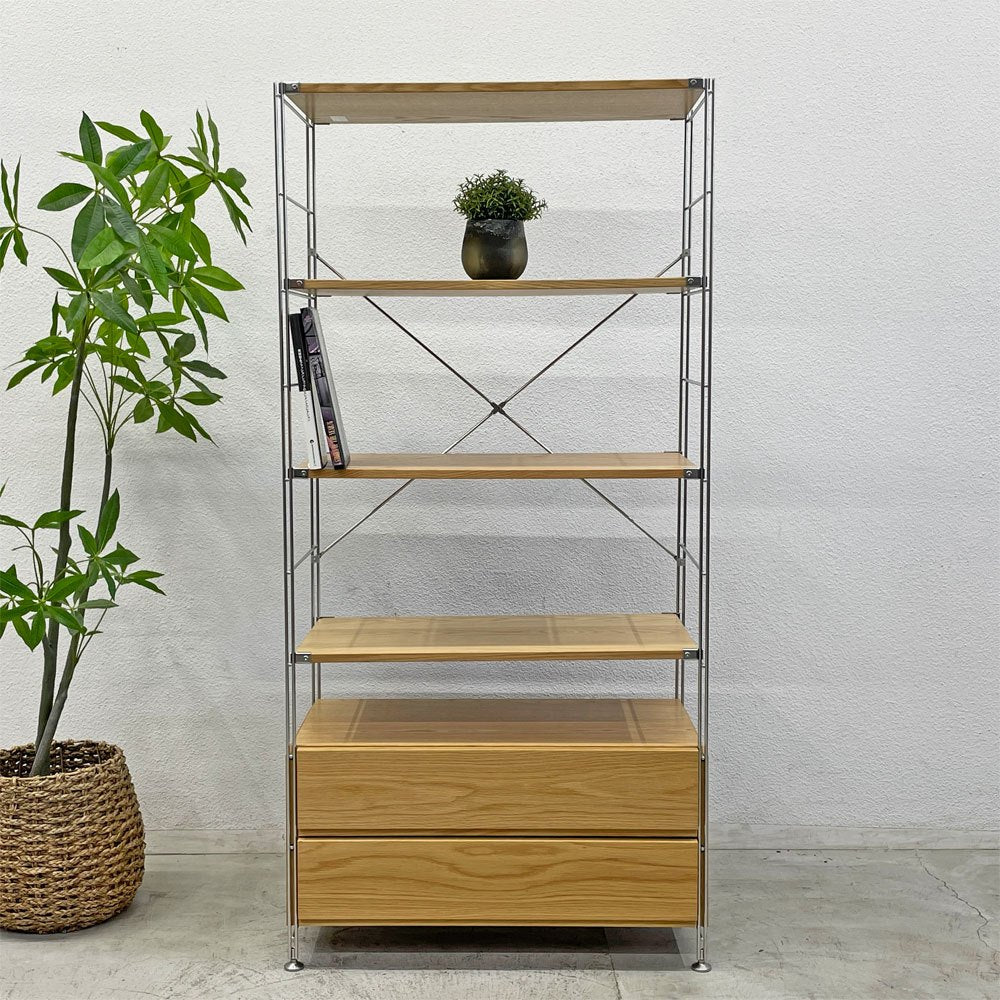 無印良品 MUJI ステンレスユニットシェルフ オーク材 オープンシェルフ 本棚 飾り棚 収納棚 H175cm 棚板4枚 ボックス引き出し2段 定価62,800円 〓