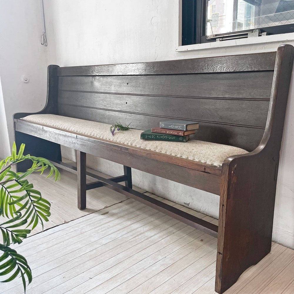 USビンテージ チャーチベンチ 教会椅子 長椅子 オーク材 ファブリックシート 鋲打ち ブックボックス付き 店舗什器 アンティーク ★