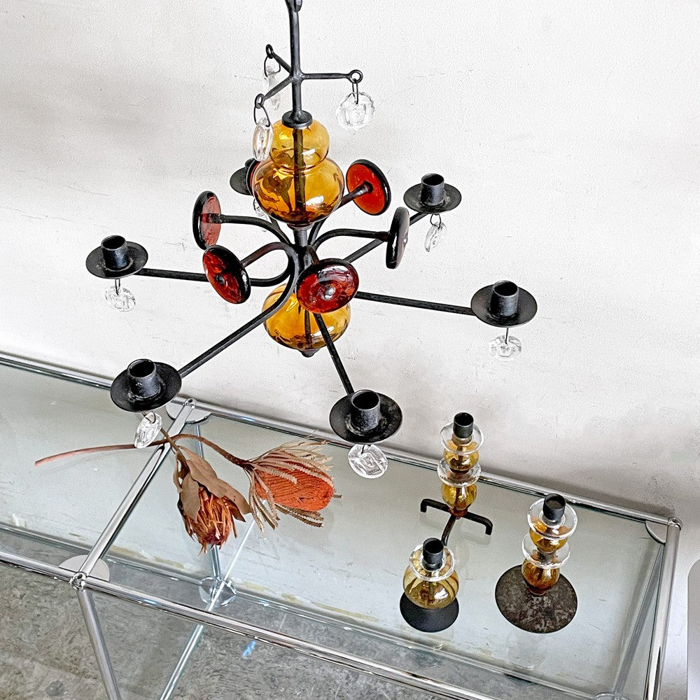 ボダ BODA Erik Höglund エリック・ホグラン 2連 オニオン ガラスキャンドルホルダー ラウンドベース アンバー 60's ビンテージ スウェーデン 北欧雑貨 ■