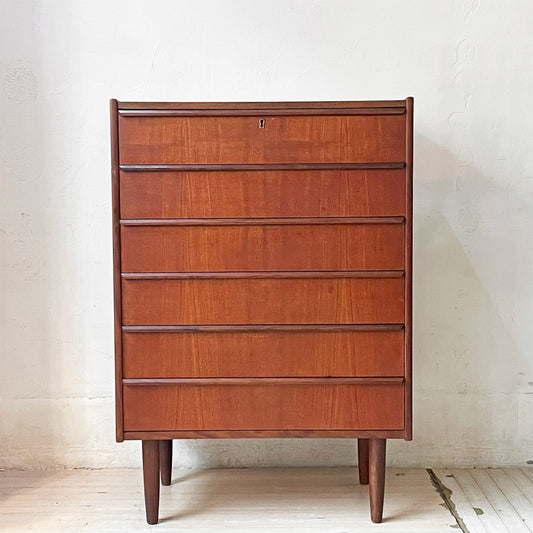 北欧ビンテージ Scandinabian Vintage チェスト キャビネット 6ドロワーズ チーク材 H101cm デンマーク 北欧家具 鍵欠品 ★