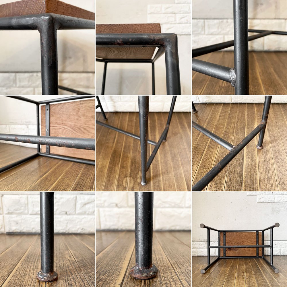 ヒロファニチャー hiro furniture オーク材 × アイアンフレーム サイドテーブル スツール 花台 W45cm インダストリアル ◎