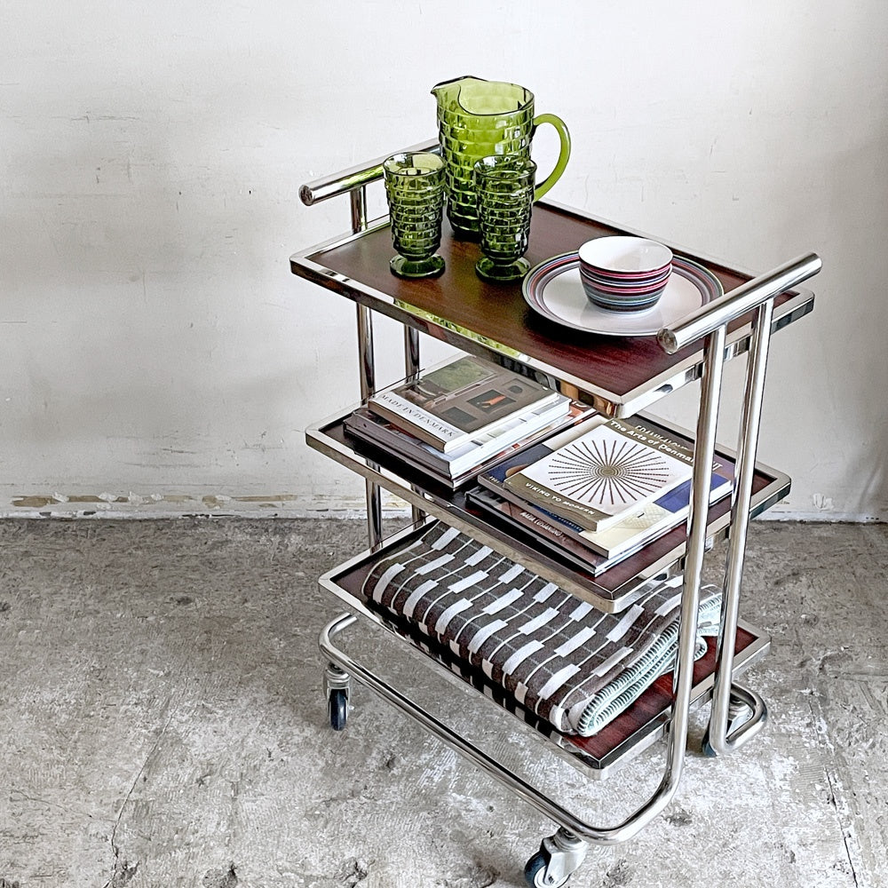 レトロデザイン サービスワゴン オープンシェルフ 木目調 キャスター付き 店舗什器 W67×H91cm ■