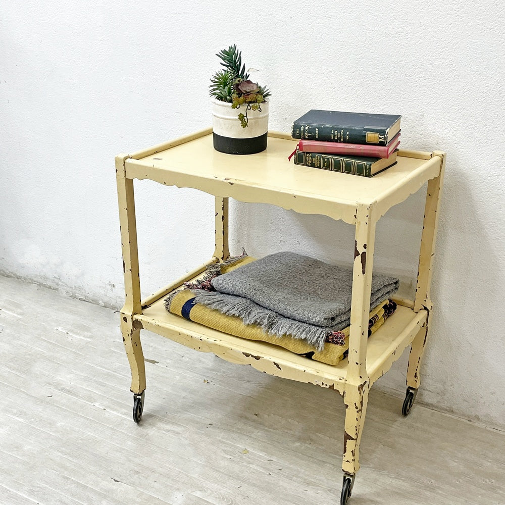 ビンテージ Vintage ワゴン キッチンカート サイドテーブル 2段 キャスター付 クリーム ペインテッド ●
