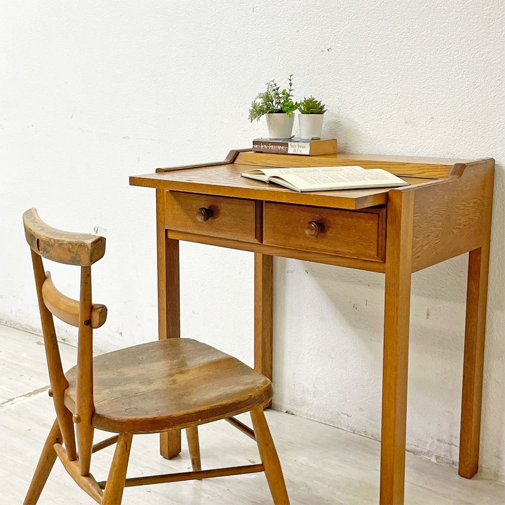 ビンテージ Vintage スモールデスク オーク材 スライド式天板 作業台 抽斗2杯 2ドロワー W60cm ●