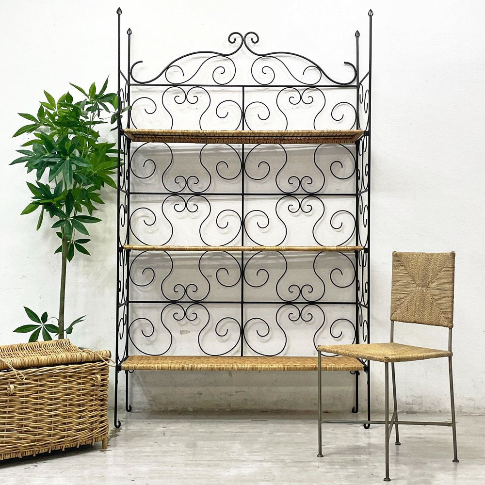 ロートアイアンxラタン クラシカルデザイン シェルフ 3段 棚板着脱可能 フォールディング 折畳 籐 アンティーク調 店舗什器 ●