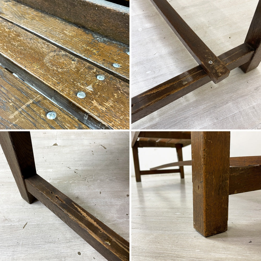 ビンテージ Vintage チャーチベンチ 木製ベンチ 長椅子 背面ブックスタンド付き ナラ無垢材 店舗什器 ガーデン 現状品 ●