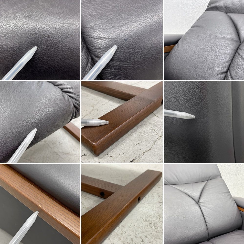 冨士ファニチア FUJI FURNITURE 3pソファ+オットマン2台付き 本革張り リクライニング機能付き〓
