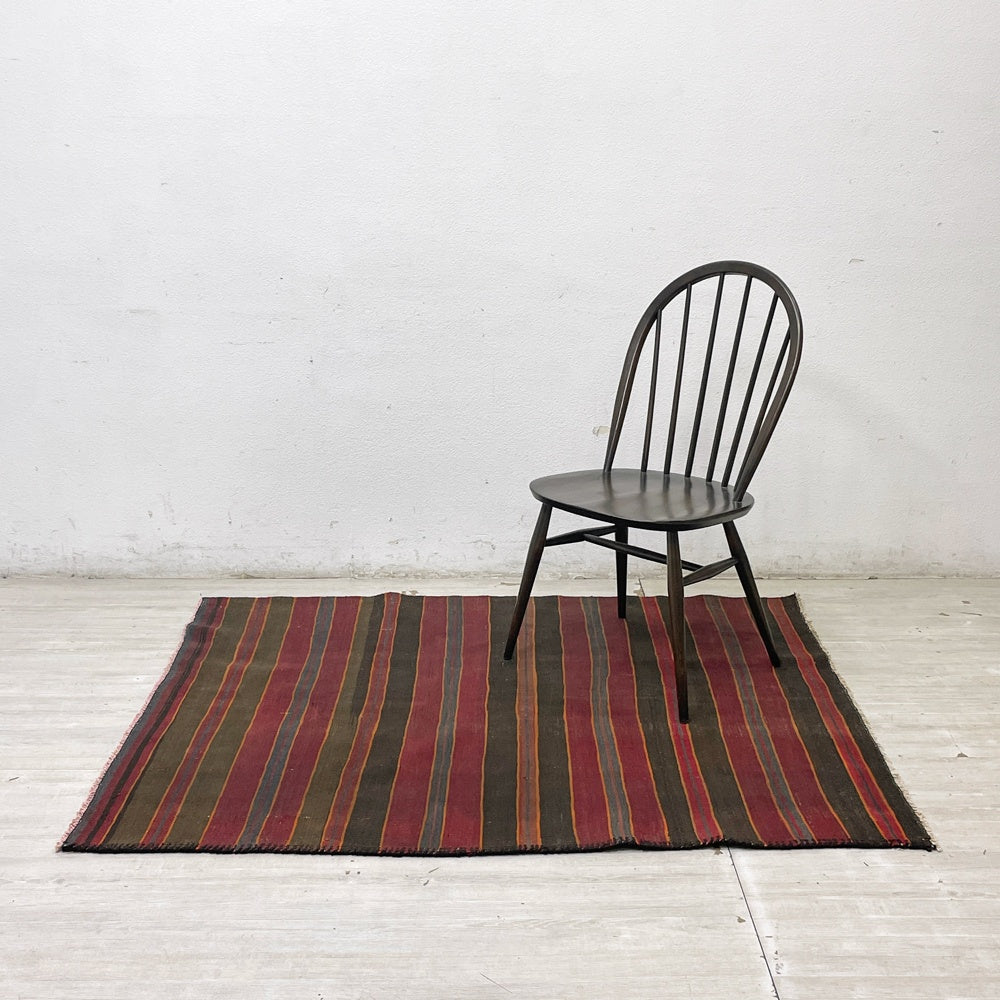 ビンテージ キリム ラグ 絨毯 手織り ボーダー ストライプ レッド ブラウン 152×124cm ●