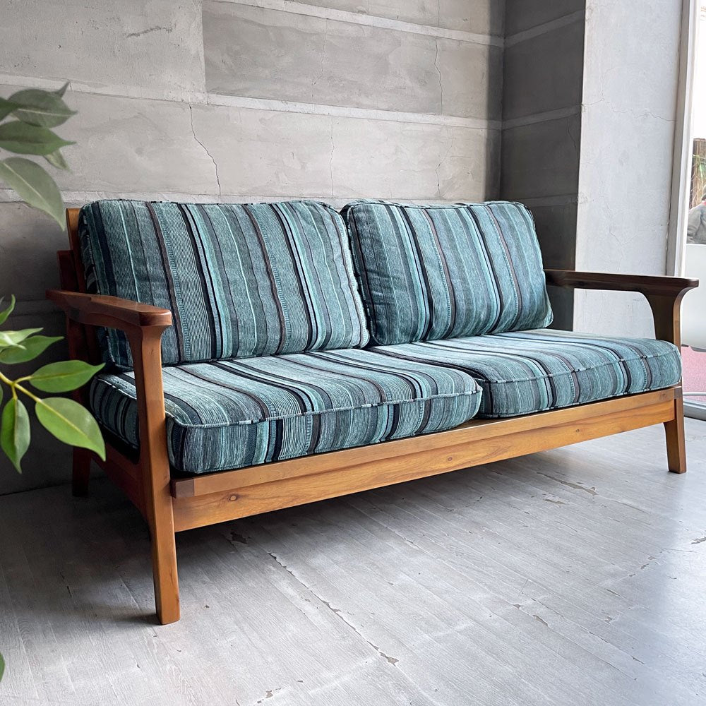 ダブルティー WTW ティズモ TISMO SOFA 2シーターソファ アカシア材 天然木 ブルー系 ストライプ クッション カバーリング 定価¥149,040- ♪