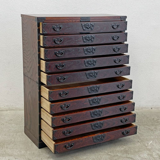 岩谷堂箪笥 重宝箪笥 整理箪笥 10段 チェスト 欅材 w105 h135cm 南部鉄器金具 桐紋様 伝統工芸 民芸家具 ◎