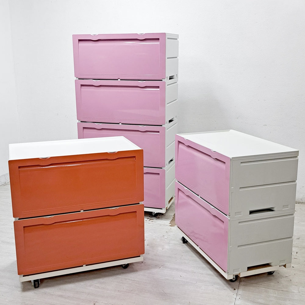 タッパーウェア Tupperware スーパーチェスト ワイド Super chest Wide 引出1段 オレンジ 2段セット 専用カート付 ●