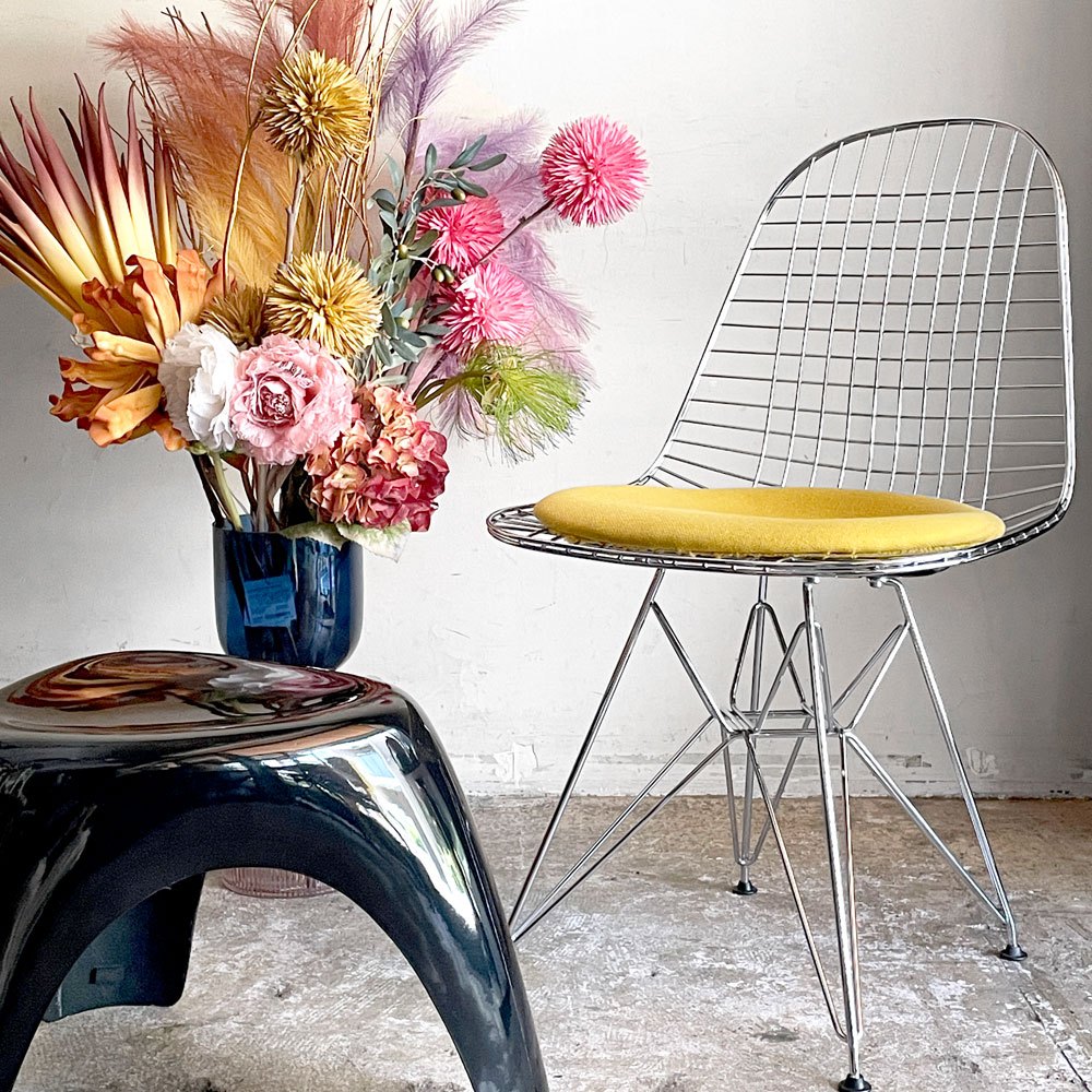 ヴィトラ Vitra DKR ワイヤーチェア Eames Wire Chair エッフェルベース シートパッド付 イエロー C&R イームズ ミッドセンチュリー ■