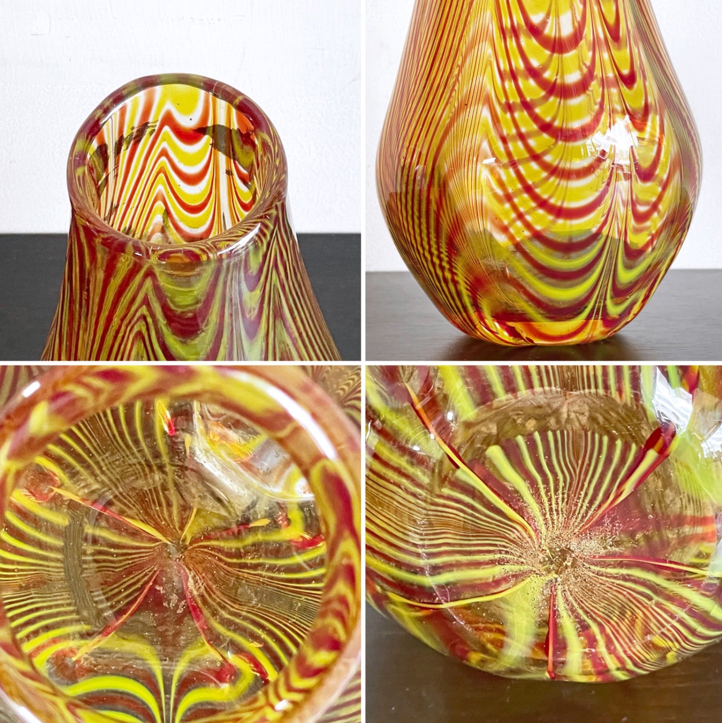 ビンテージ Vintage ガラス フラワーベース 花瓶 レッド × イエロー H17.5cm ミッドセンチュリーデザイン ■