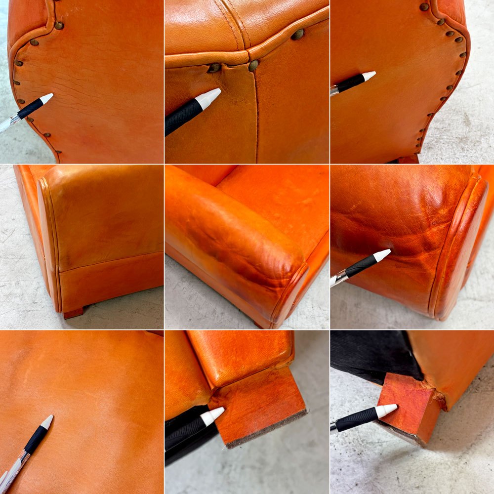 フレンチクラブソファ French Club Sofa 2シーター ソファ 本革 鋲打ち オレンジ アールデコスタイル ビンテージ ●