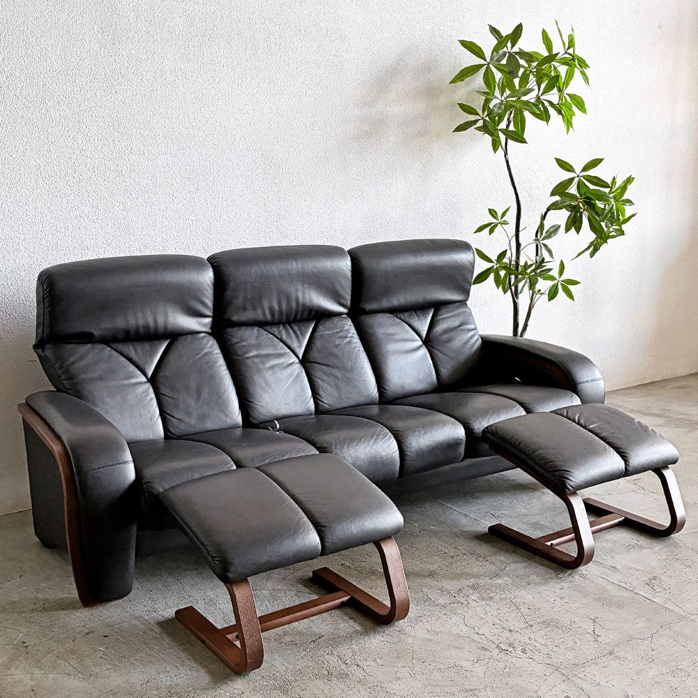 冨士ファニチア FUJI FURNITURE 3pソファ+オットマン2台付き W200cm 本革張り リクライニング機能付き 〓