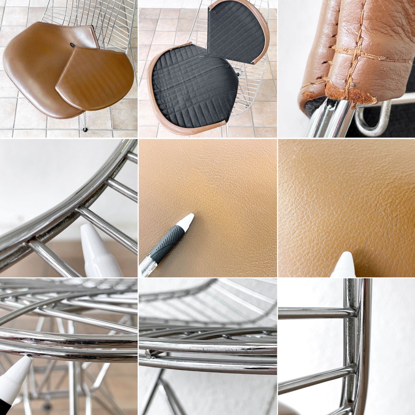 ハーマンミラー Herman Miller ワイヤーチェア Eames Wire Chair DKR2 エッフェルベース ビキニパッド付 ブラウンレザー C&R イームズ ミッドセンチュリー ◇