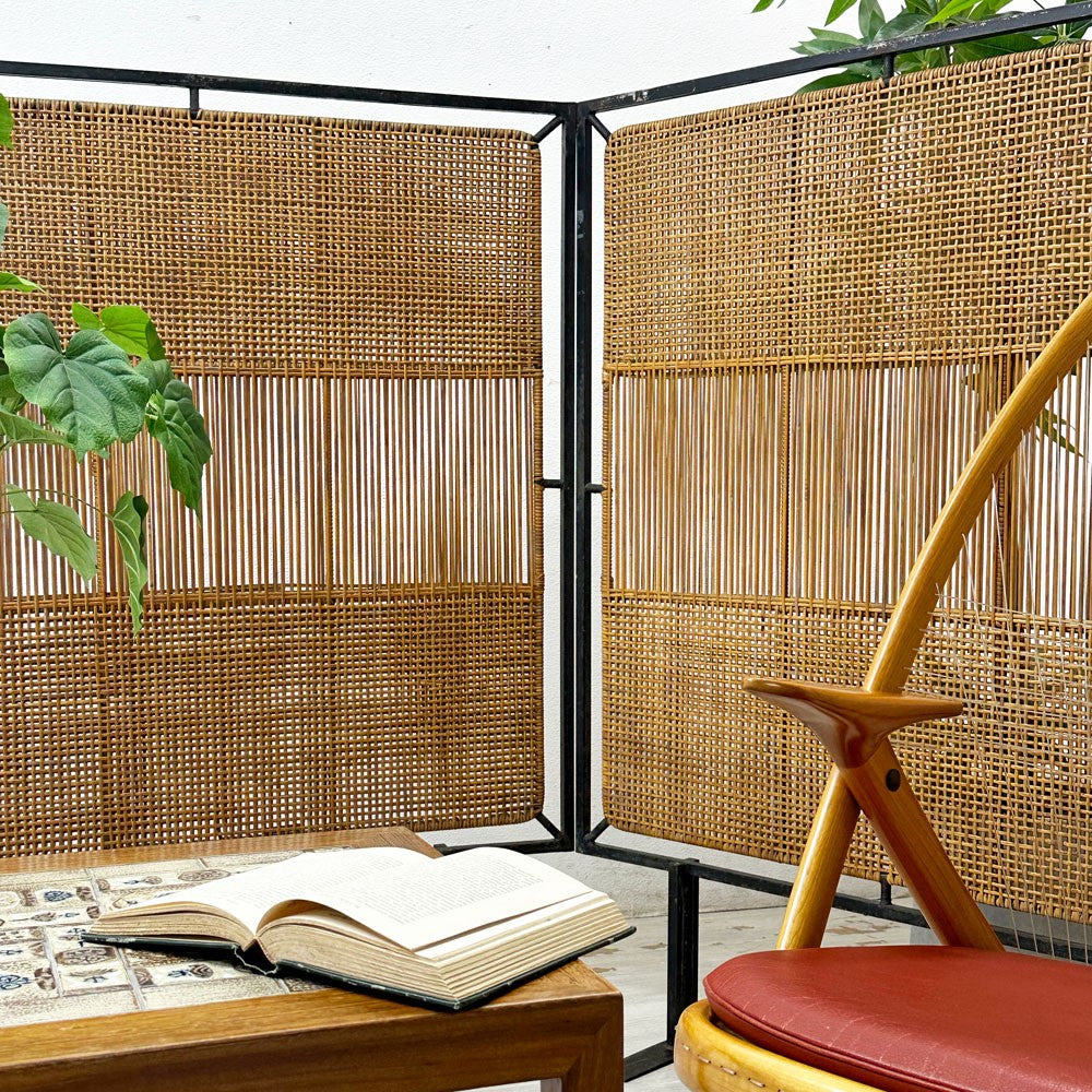 ジャパンビンテージ Japan Vintage アイアン × ラタン パーテーション 衝立 間仕切り H129cm ジャパニーズモダンデザイン B ●