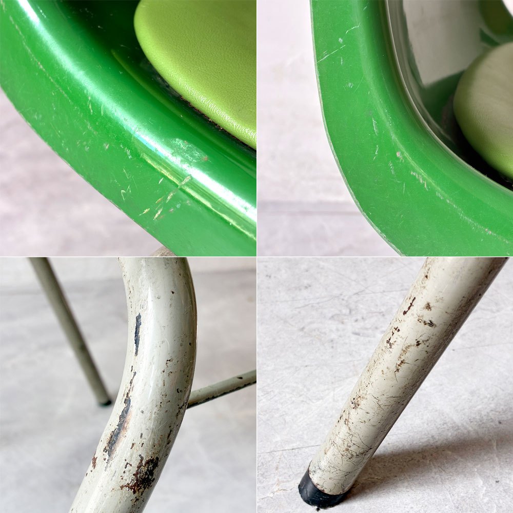 コトブキ KOTOBUKI スタッキングチェア FRP製 シェルチェア スチール脚 座面クッション付き グリーン×グリーン 剣持勇デザイン ビンテージ ジャパニーズミッドセンチュリー B ★