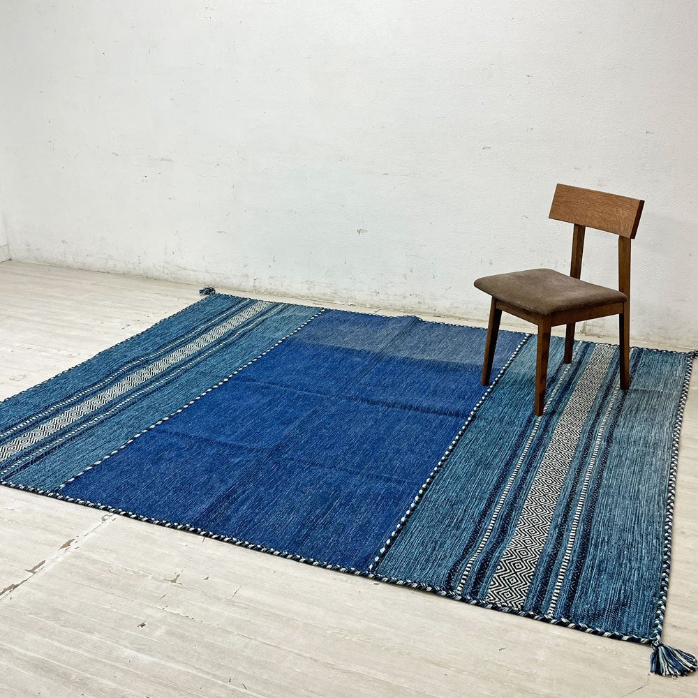 サヤンサヤン SAYANSAYAN インドキリム ラグマット インド綿 幾何学模様 手織り コットン 250×195cm ブルーベース ●