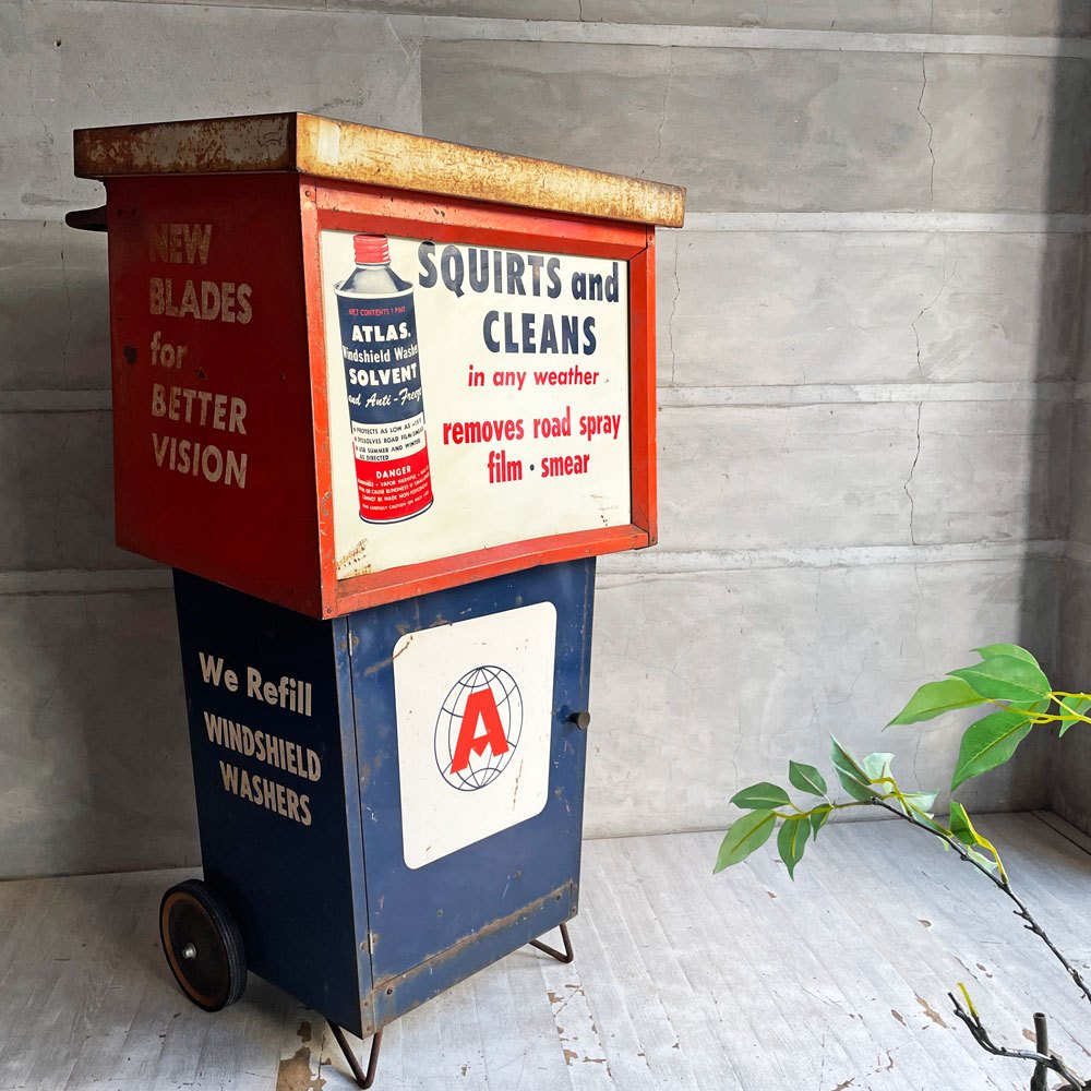 USビンテージ Vintage アトラス社 ATLAS ウィンドウォッシャー液用ディスプレイスタンド ディスプレイキャビネット カートワゴン 店舗什器 インダストリアル ♪