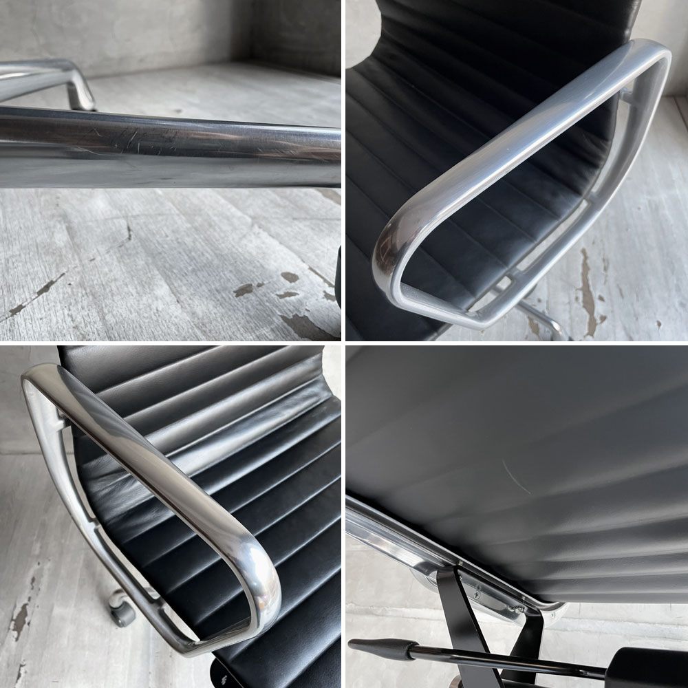 ハーマンミラー Herman Miller イームズアルミナムグループ マネジメントチェア アルミバフベース ガス圧昇降 5本脚キャスター 本革 レザー ブラック A ♪