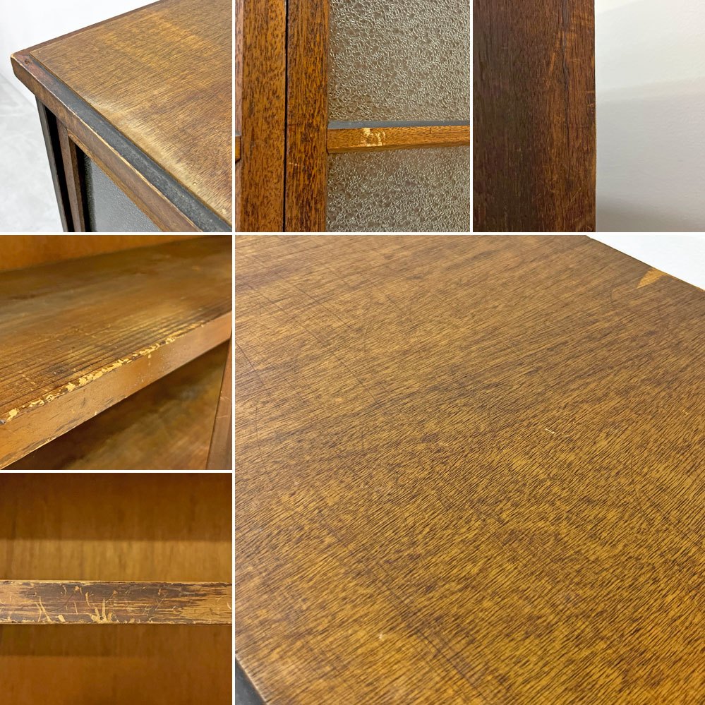 ジャパンビンテージ Japan vintage ダイヤガラス引戸 木製キャビネット 5段棚板 W171cm 古家具 レトロ ●