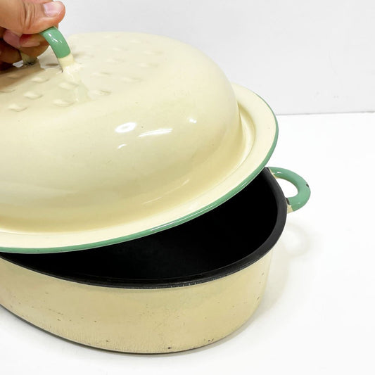 コクムス KOCKUMS ホーロー オーバル キャセロール W37cm ベージュ グリーン ビンテージ ●