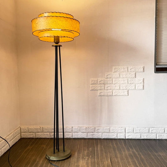 USビンテージ Vintage ファイバーシェード×ミルクガラスシェード フロアライト 真鍮&スチールベース H147cm アトミック ミッドセンチュリーデザイン ◎