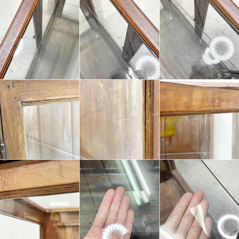ビンテージ Vintage ガラスショーケース Display Case 木製 ガラス棚板 飾り棚 陳列棚 3段 鍵欠品 ●