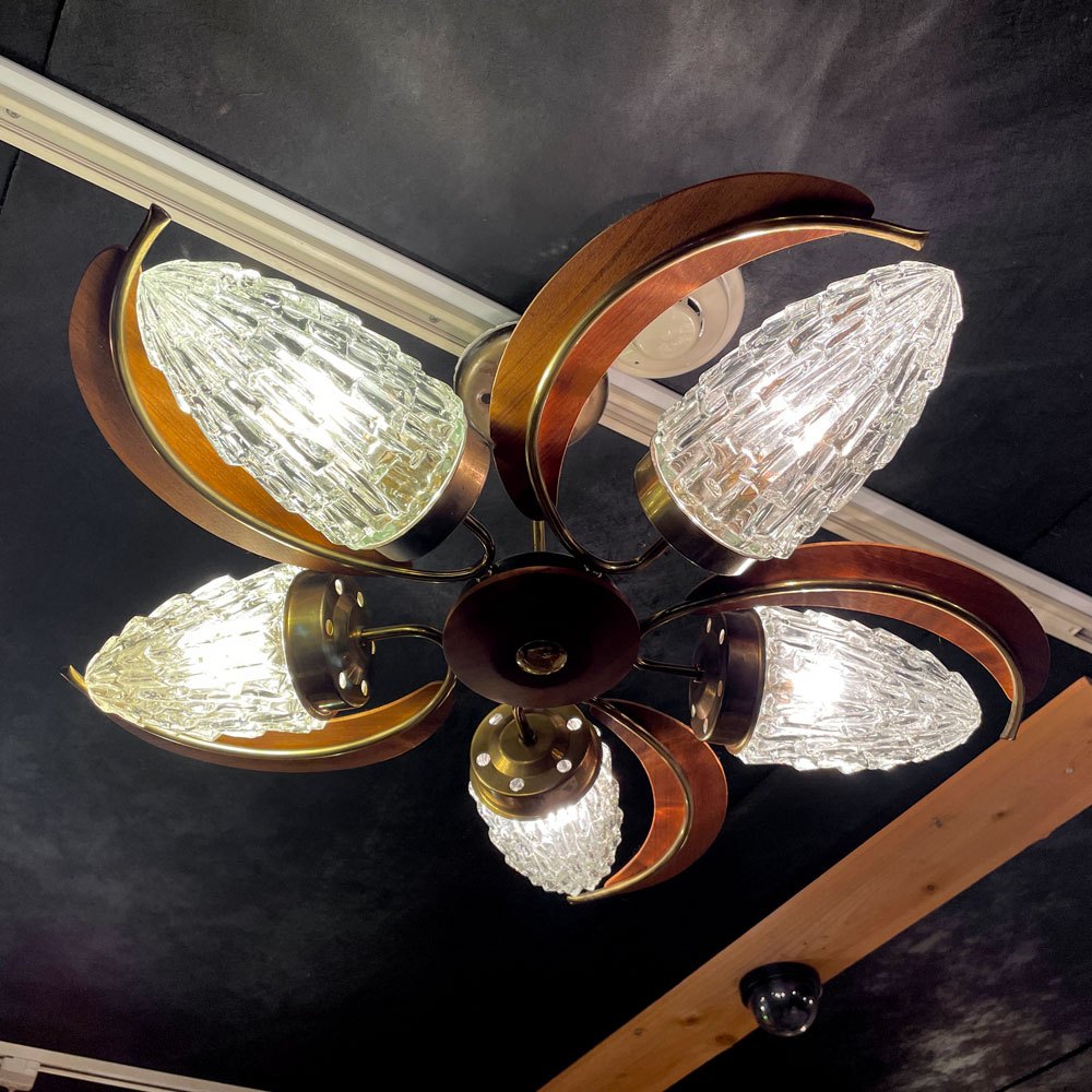 UKビンテージ UK Vintage 5灯 ペンダントライト ガラスシェード チーク