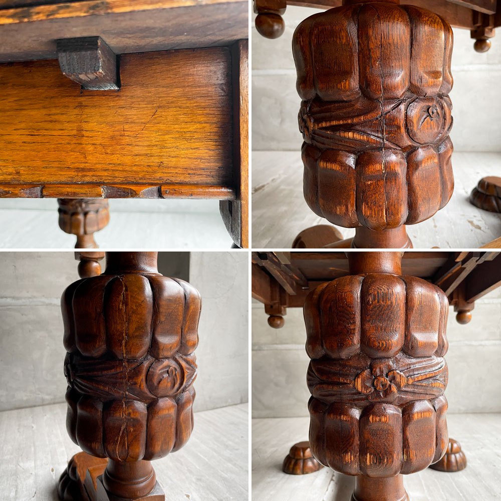 UKアンティーク ドローリーフテーブル ダイニングテーブル 伸長式 オーク材 ビッグバルボスレッグ 英国家具 ビンテージ ♪