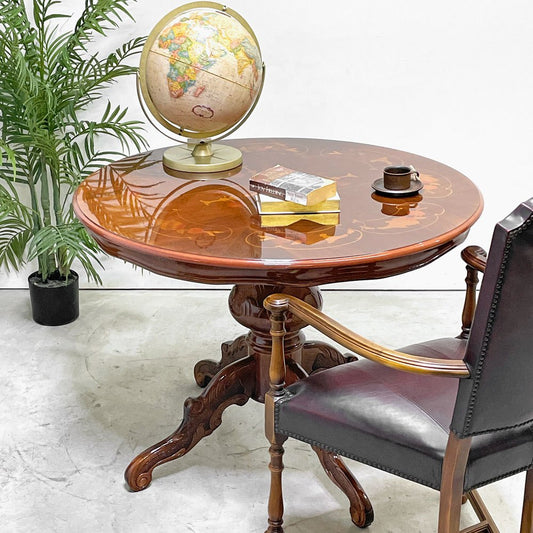 ヨーロピアンクラシカル European Classical ダイニングテーブル ラウンド ロココ調 象嵌 木彫 4本脚 イタリアンデザイン ●