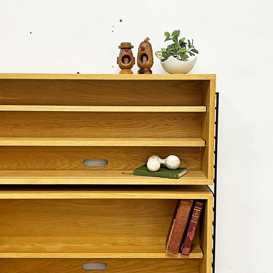 リセノ Re:CENO ラス R.U.S ユニットシェルフ 薄型 オーク材 ナチュラル ブラックフレームx3+ガラスキャビネットx2+ウッドキャビネットx2+クロスバーx2 ●