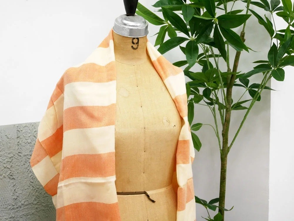 ティカウ TIKAU ショール ウール100% 70×180cm ボーダー柄 オレンジ系 フィンランド インド製 未使用品 B ●