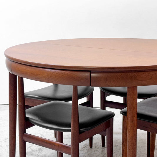 フレムロジェ Frem Rojle ディネッテ Dinette エクステンション ラウンド ダイニングテーブル & ダイニングチェア 4本脚×4脚 計5点セット ハンス・オルセン Hans Olsen 北欧家具 ビンテージ ●