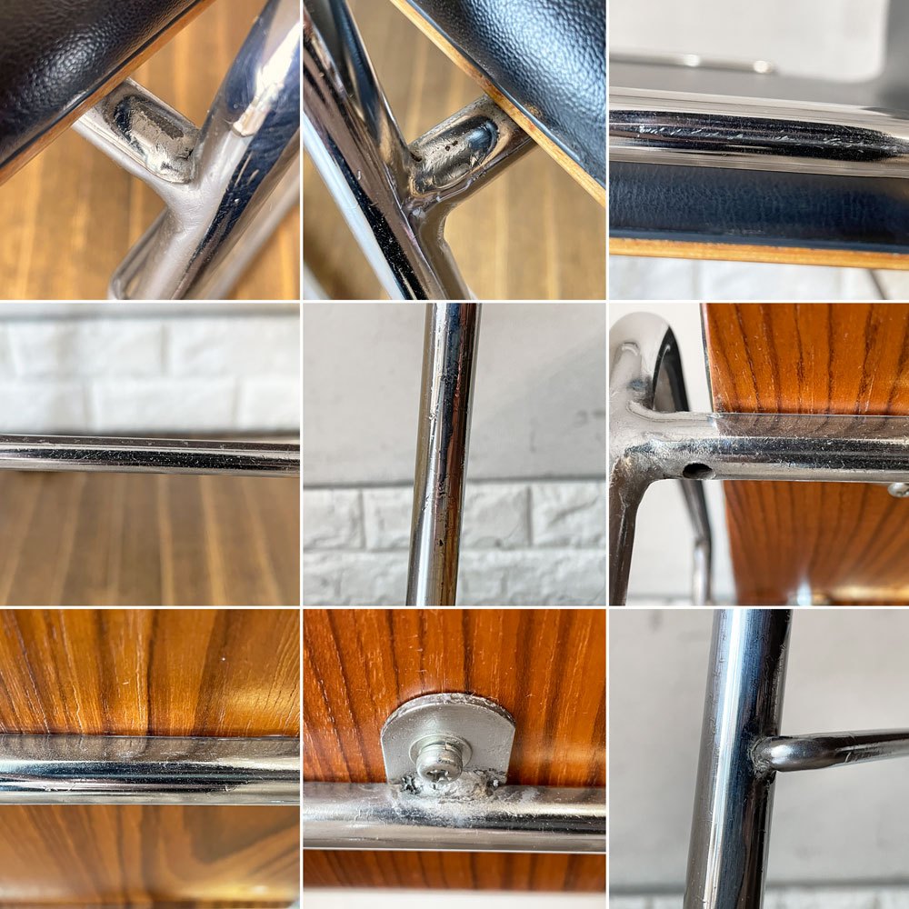 天童木工 Tendo チークプライウッド × スチールレッグ スタッキングチェア ダイニングチェア PVCレザー ブラック ジャパンビンテージ ◎