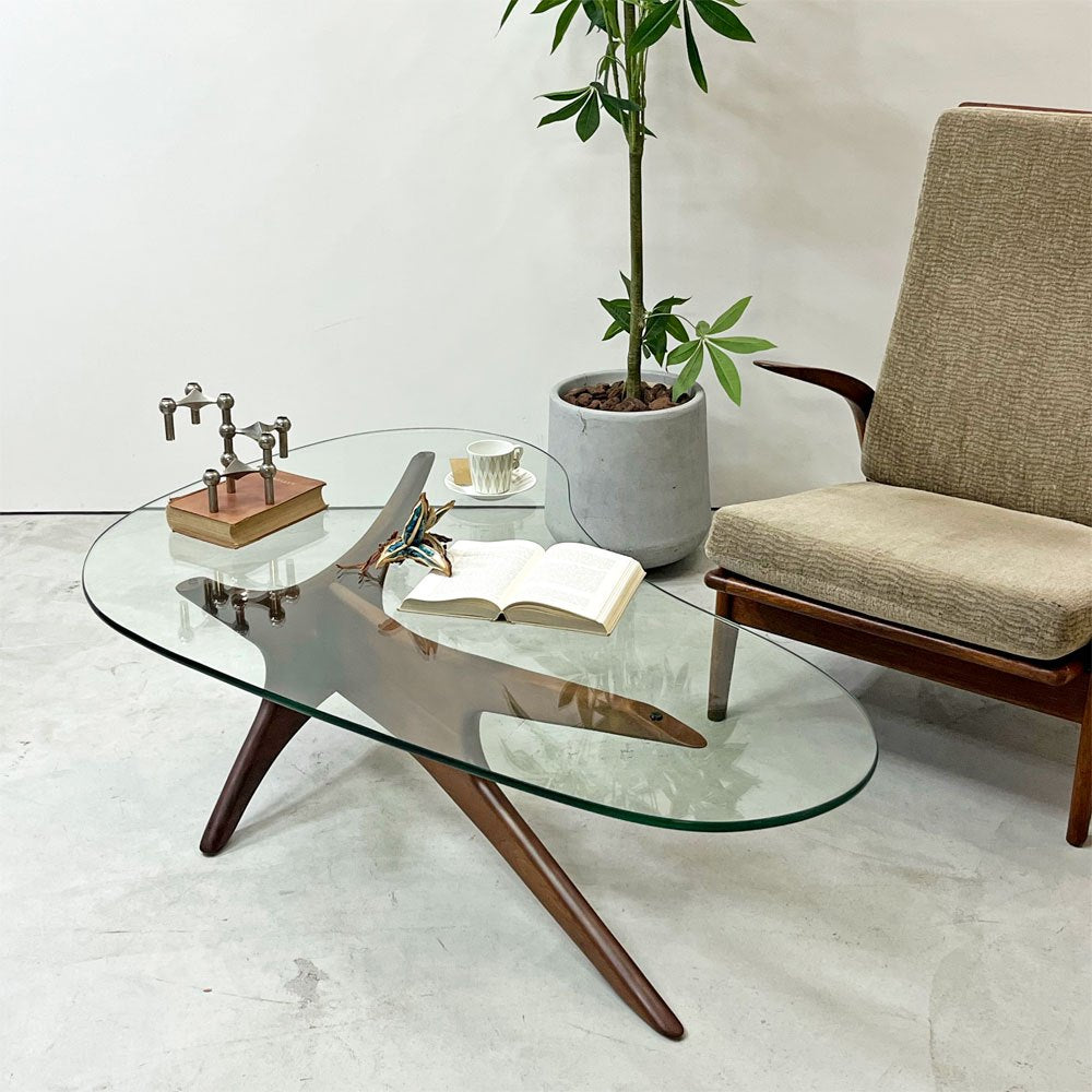 エイドリアン パーサル Adrian Pearsall ガラストップ コーヒーテーブル ウォールナット材 W127cm ミッドセンチュリー ビンテージ ●