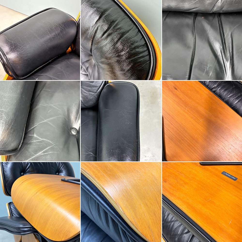 ハーマンミラー Herman Miller イームズラウンジチェア&オットマン ブラックレザー ウォールナット C&Rイームズ ミッドセンチュリー 1999年製 ◎