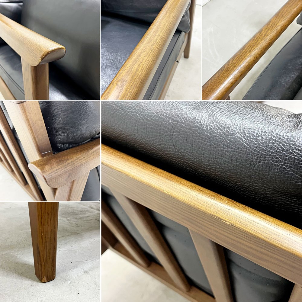ケユカ KEYUCA カストラップ Kastrup 3シーターソファ オーク無垢材 本革 ブラック フェザー混 W185cm ●