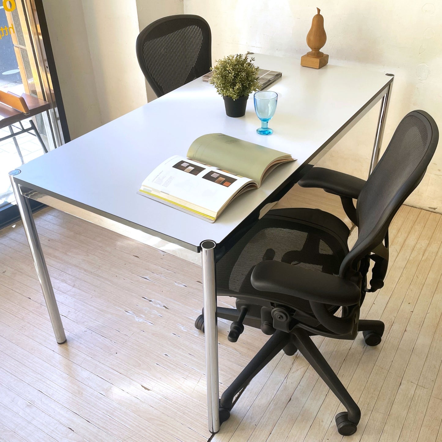 USMハラー USM Haller モジュラーファニチャー ハラーテーブル ワーキングデスク W150cm アジャスター パールグレーラミネート(ホワイト) 高さ調整機能付 スイス ★