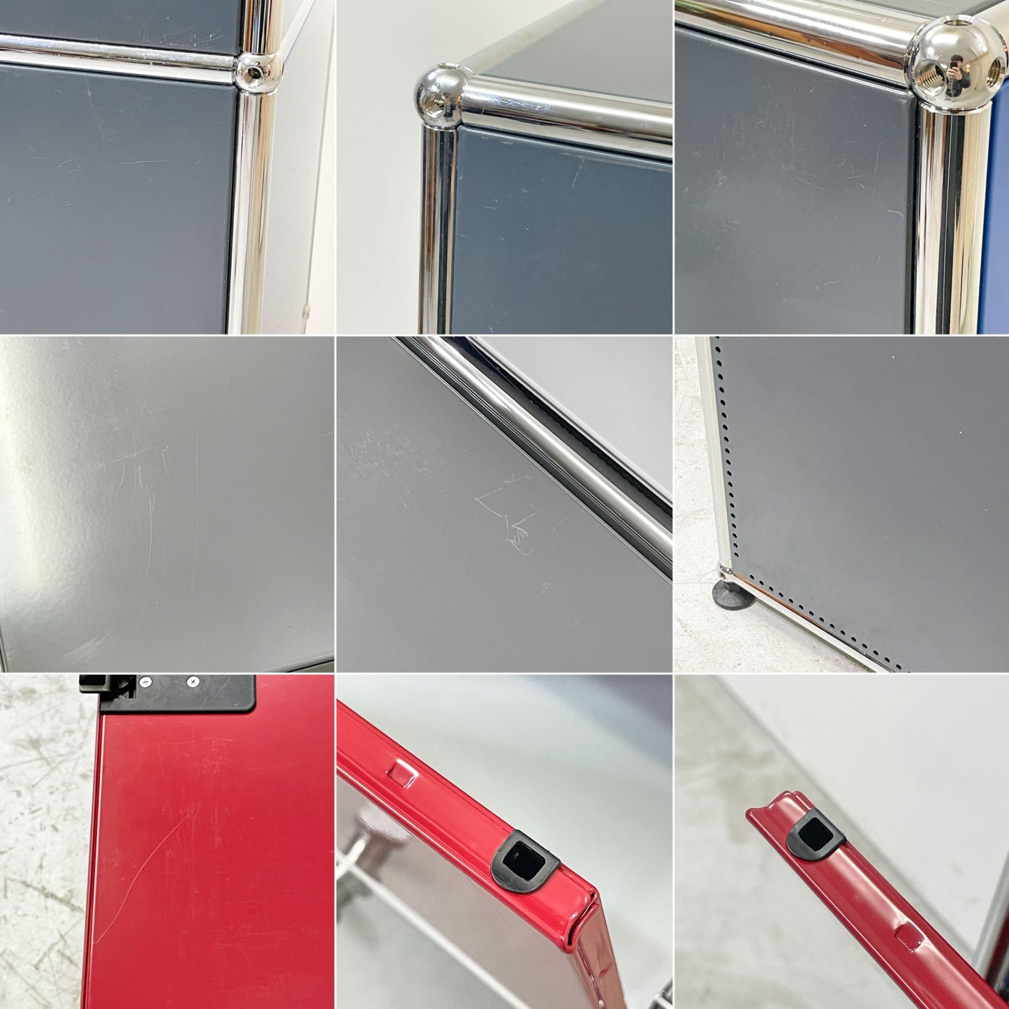 ユーエスエムハラー USM Haller モジュラーファニチャー Modular Furniture 1列4段 ドロップダウン扉 ミッドグレー × ジェンシャンブルー × ビーレッド × アントラサイト スイス ●