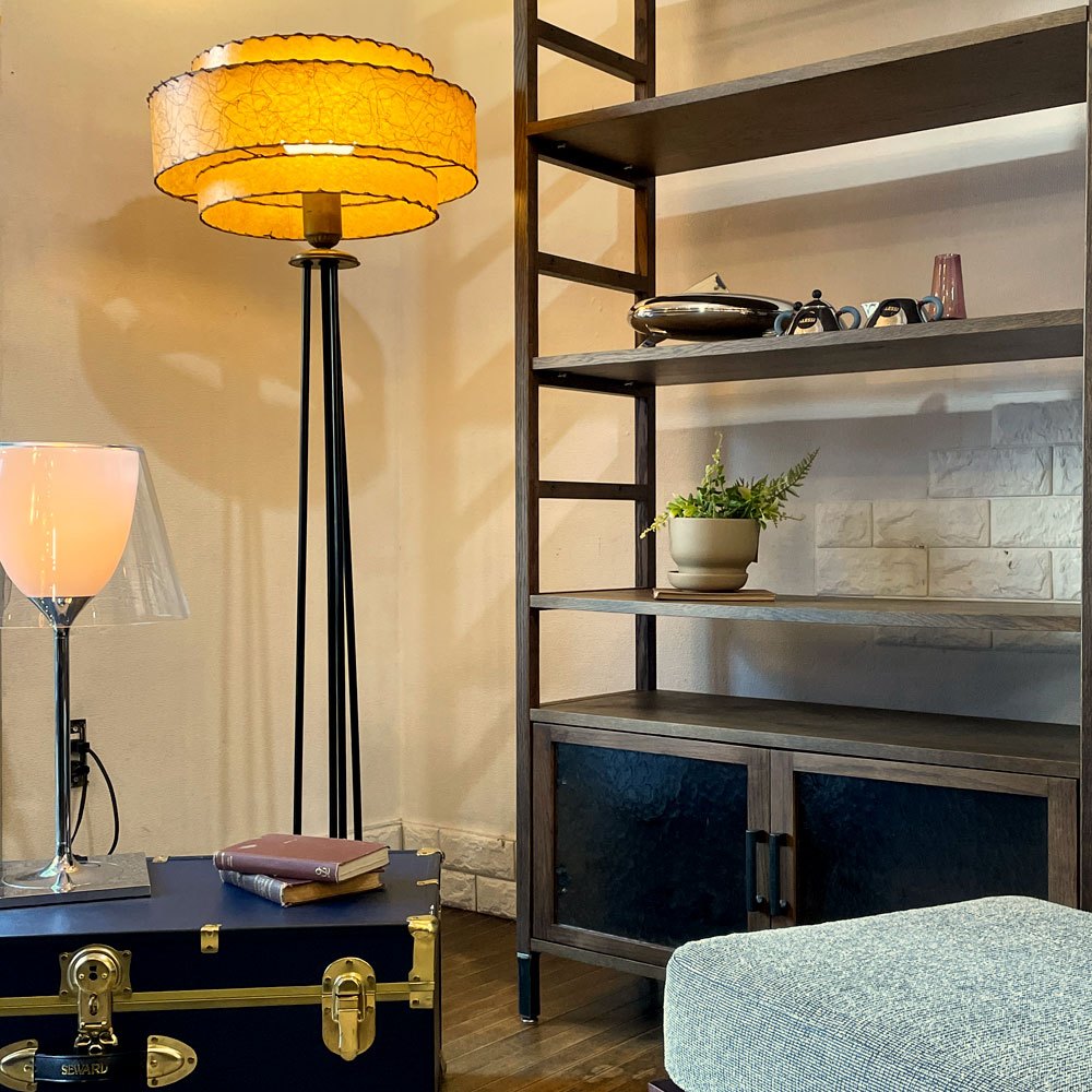 USビンテージ Vintage ファイバーシェード×ミルクガラスシェード フロアライト 真鍮&スチールベース H147cm アトミック ミッドセンチュリーデザイン ◎