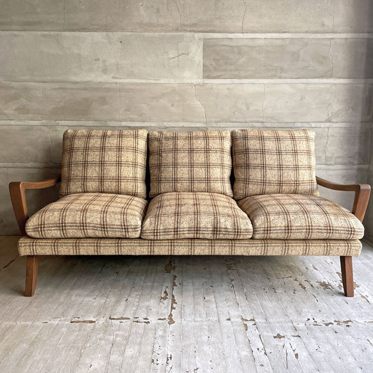 トラックファニチャー TRUCK FURNITURE 3pソファ 3人掛け ウォールナット材 フェザークッション チェック柄 レトロ ビンテージテイスト 廃番希少 ♪