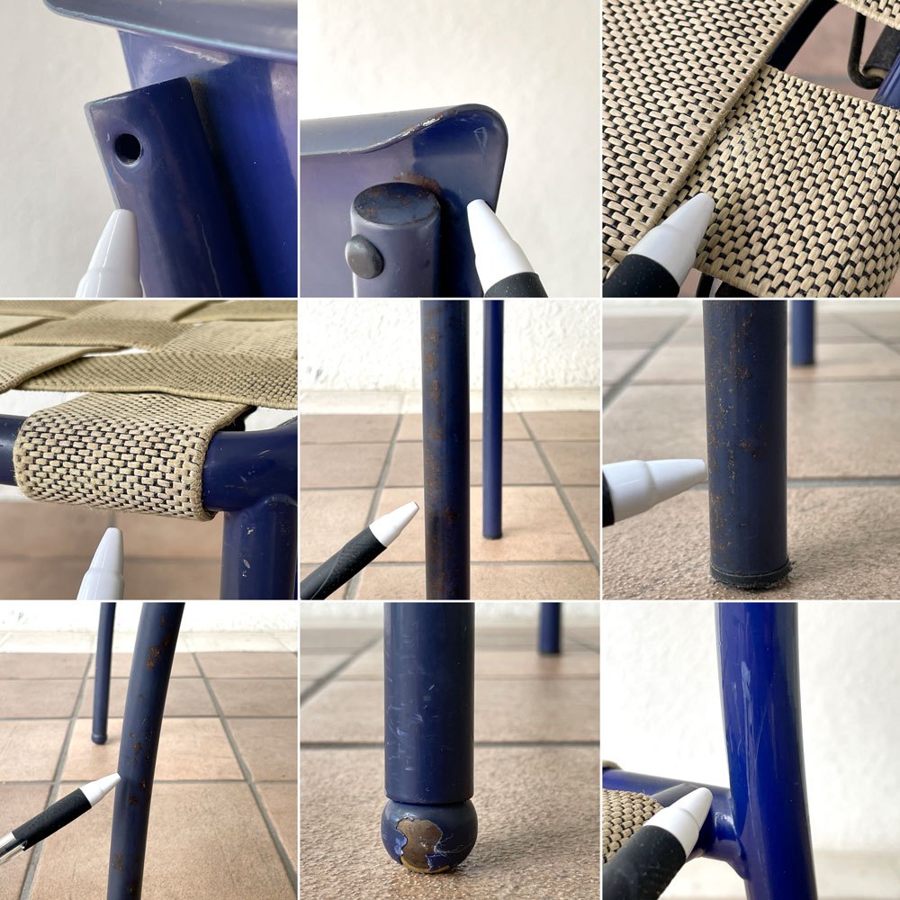 アルテラーノ ARTELANO ビンテージ スチールフレームチェア ウェービングテープ張り座面 スタッキングチェア ブルー フランス B ◇