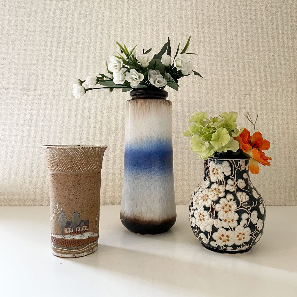 ファットラヴァ FAT LAVA シューリッヒ Scheurich フラワーベース 花瓶 ホワイト×ブルー H26.5cm 西ドイツ West Germany ビンテージ ◎