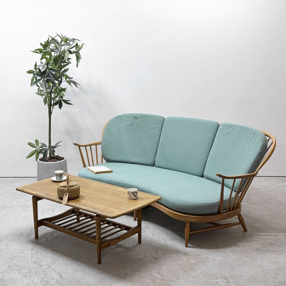 アーコール Ercol No.499 3Pソファ 3シーター キドニーシェイプ シート スカイブルー ファブリック ビーチ材 UKビンテージ 英国家具 ●
