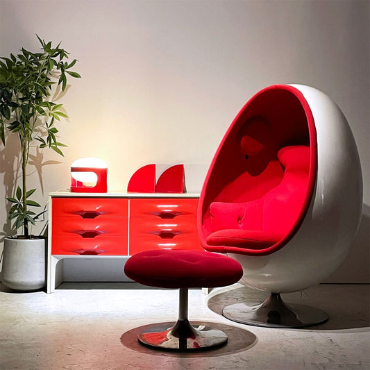 ヘンリックソーラーセン Henrik Thor-Larsen オヴァリアエッグチェア Ovalia Egg Chair FRP ホワイト×レッド ステレオスピーカー内蔵 オットマン付き ビンテージ スペースエイジ ●
